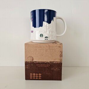 NIB STARBUCKS Shanghai Skyline Relief 3D White Blue Coffee Mug Cup 16floz/473ml